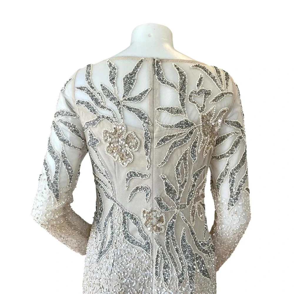 Adrianna Papell Embellished Illusion Gown Beaded Floral Sequin Sz 6  Maxi Modest - Picture 8 of 9